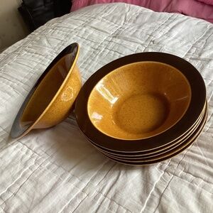 SET OF 6 HOMER LAUGHLIN DECO-STONE SUN GOLD HEARTHSIDE RIMMED SOUP/CEREAL BOWLS